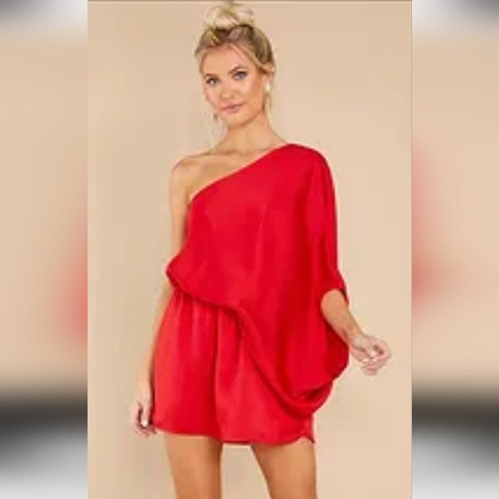 TYCHE Satin Scarlet Red Draped One-Shoulder Mini Dress. Size Small